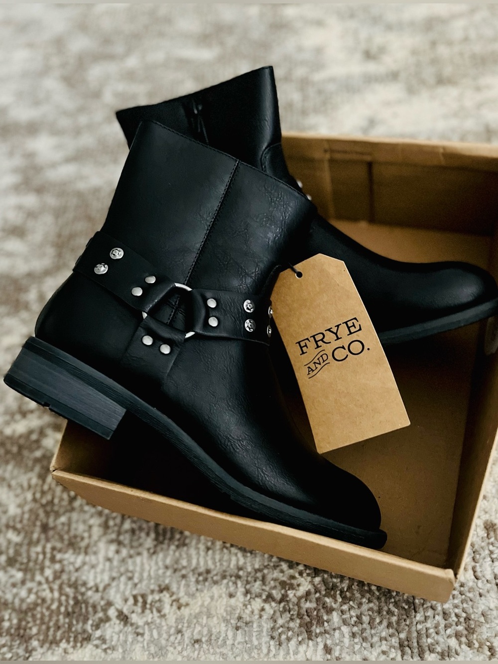 FRYE AND CO. Black Leather Studded Harness Ankle Boots